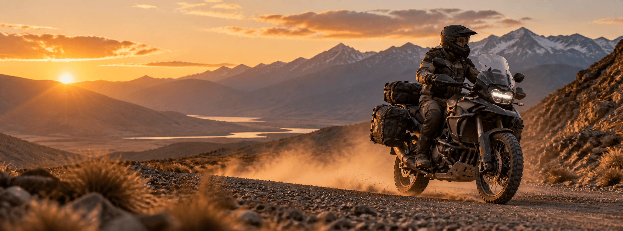 Motociclista de aventura recorriendo los Andes